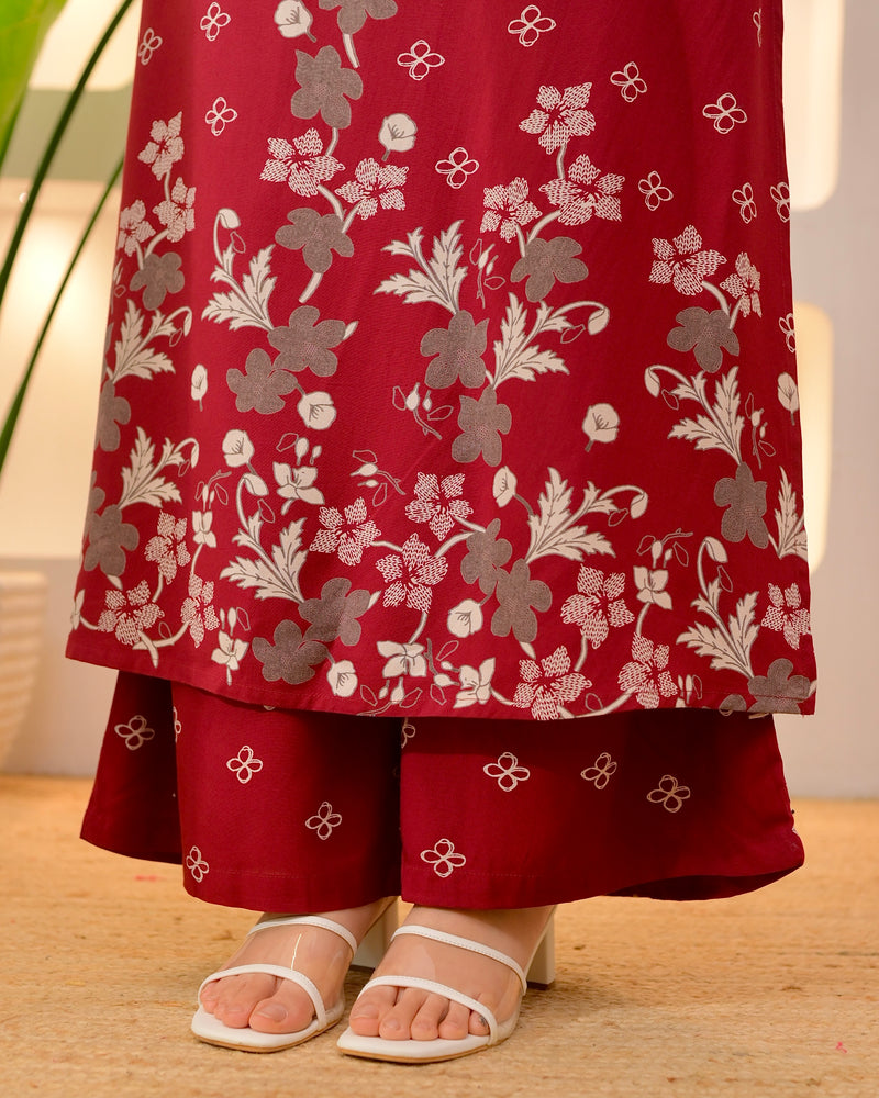 Maroon Clover Cotton A Line Kurta Palazzo Set