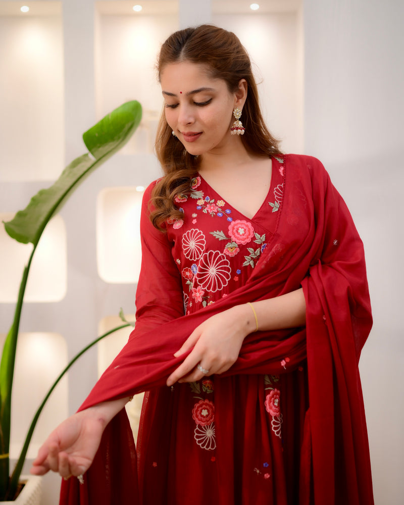 Scarlet 3 PC Floral Embroidered Pure Mul Mul Cotton A Line Suit For ...