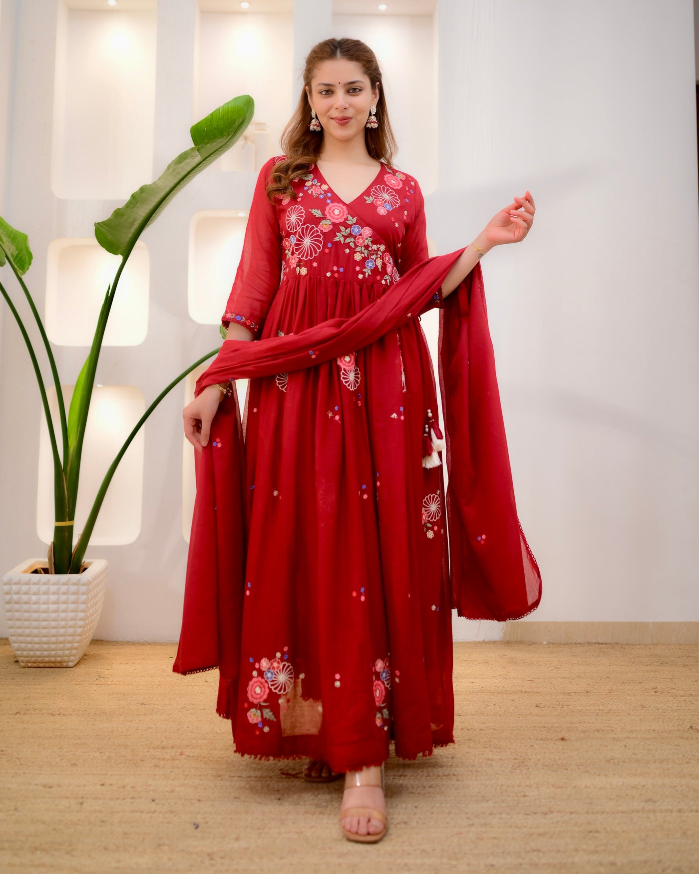 Gulrukh Meher Threadwork Mul Cotton A Line Suit