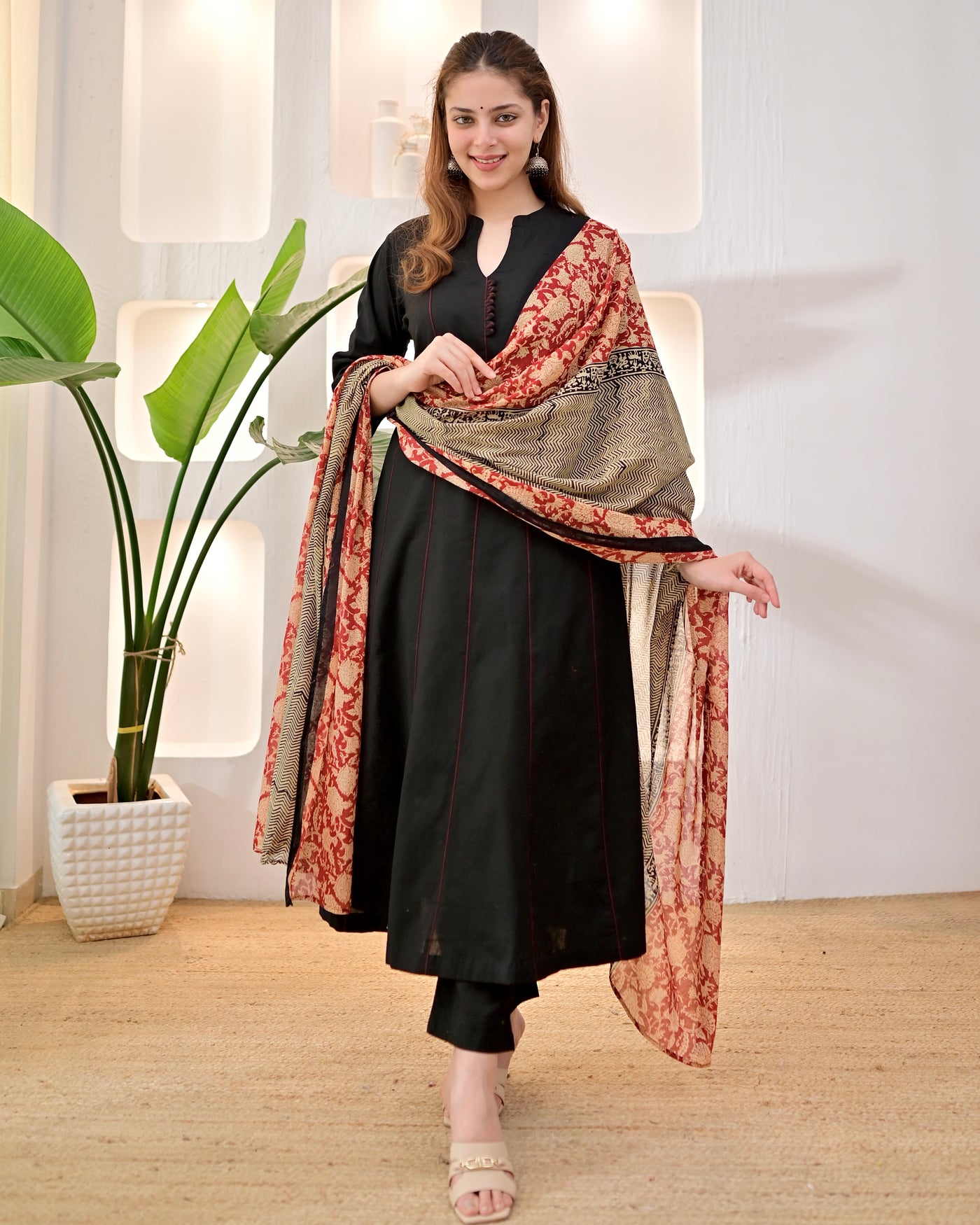 Meher Black A Line Cotton Contrast Dupatta Suit
