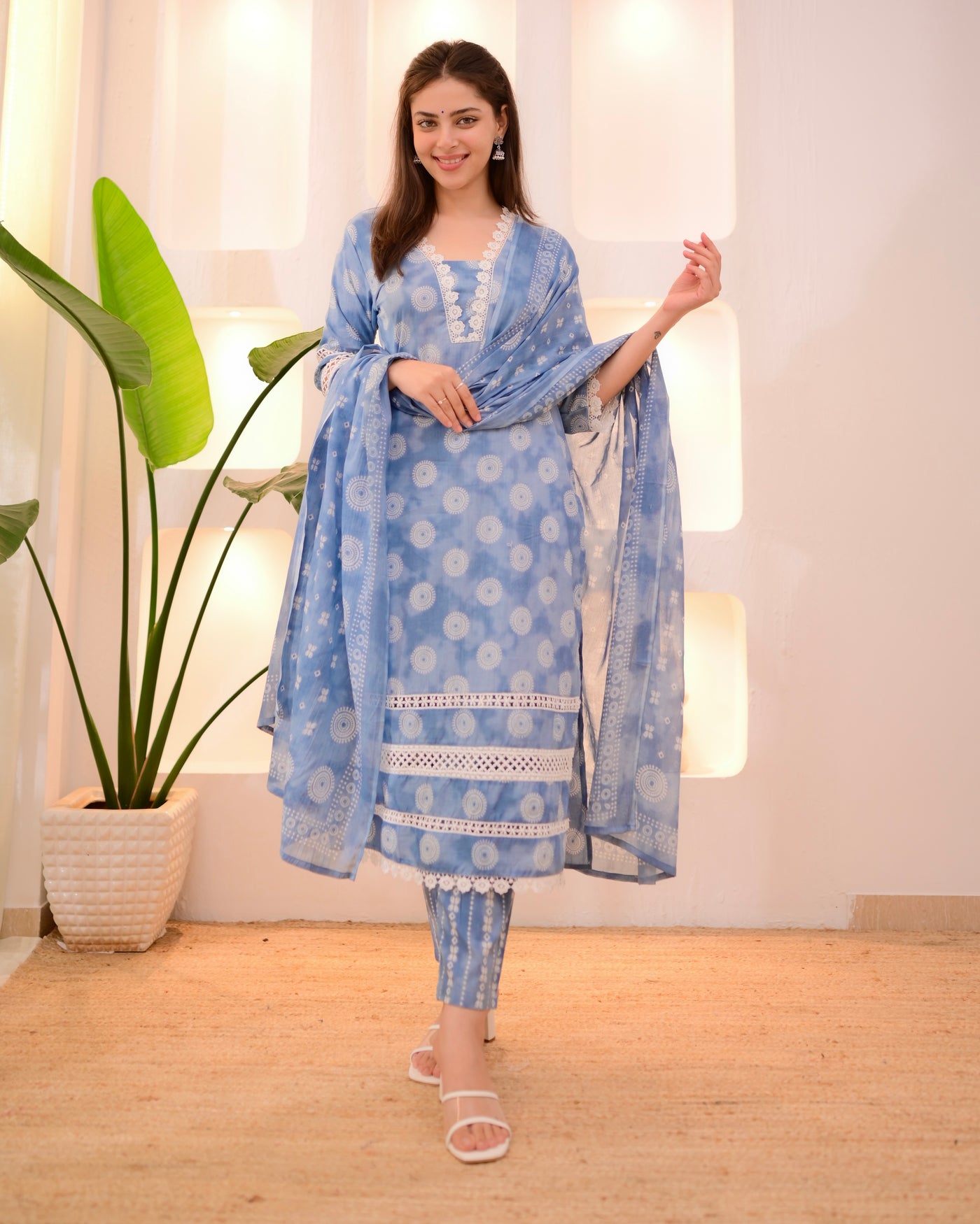 Sky Blue Floral Lace Cotton Suit