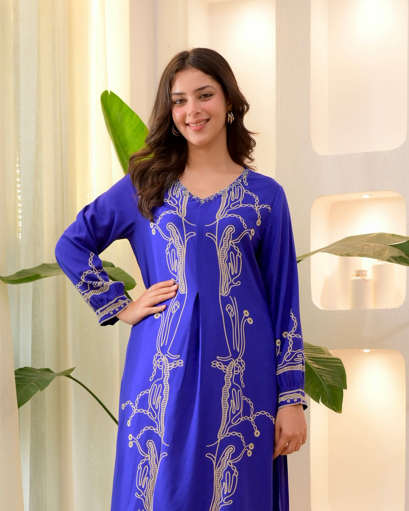 Azure Blue Panel Cotton A Line Kurta Palazzo Set