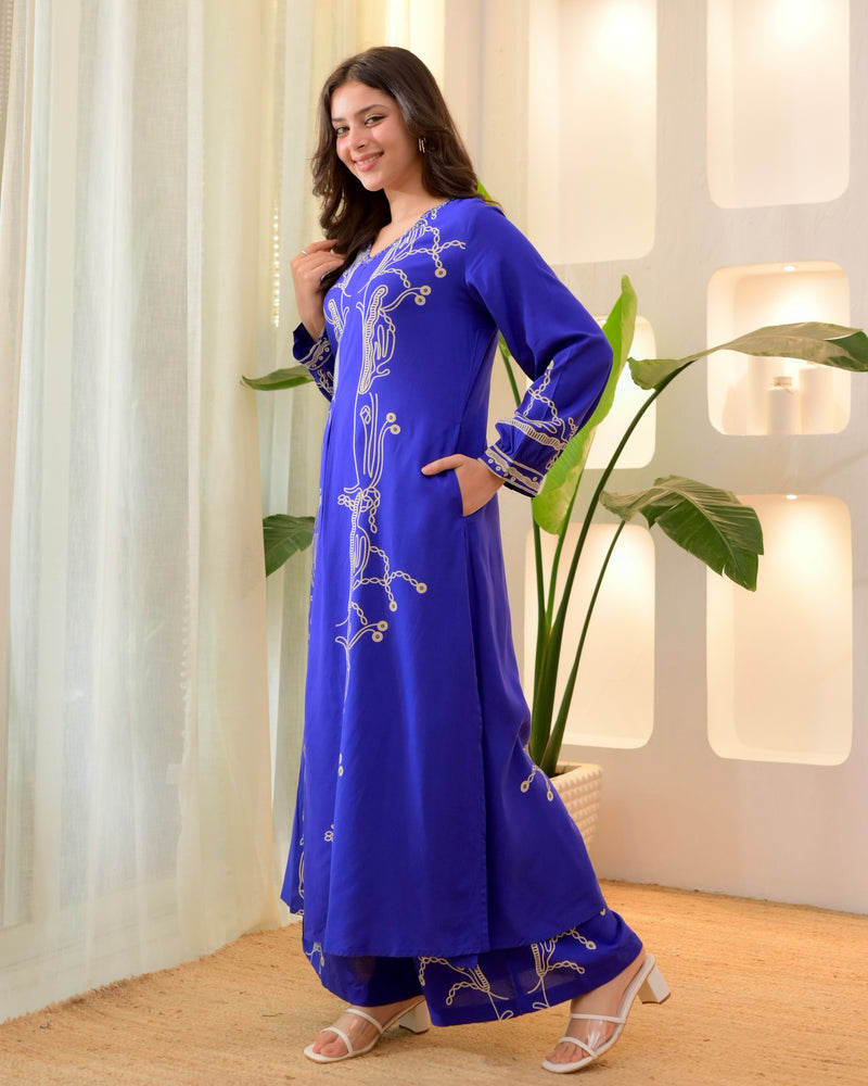 Azure Blue Panel Cotton A Line Kurta Palazzo Set