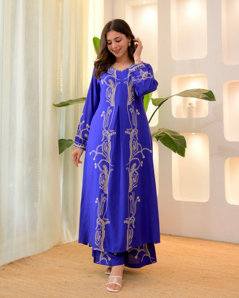 Azure Blue Panel Cotton A Line Kurta Palazzo Set