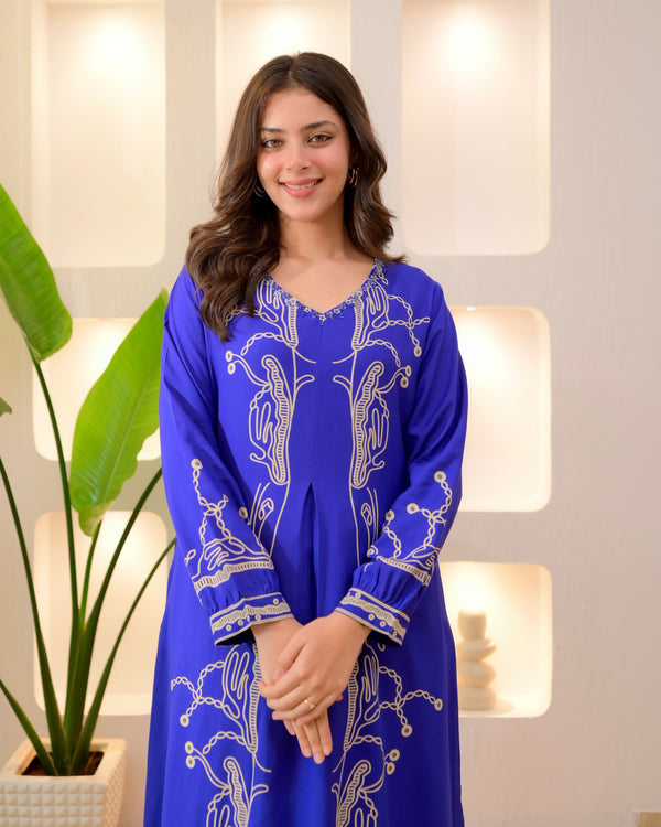 Azure Blue Panel Cotton A Line Kurta Palazzo Set