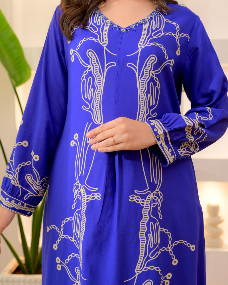 Azure Blue Panel Cotton A Line Kurta Palazzo Set