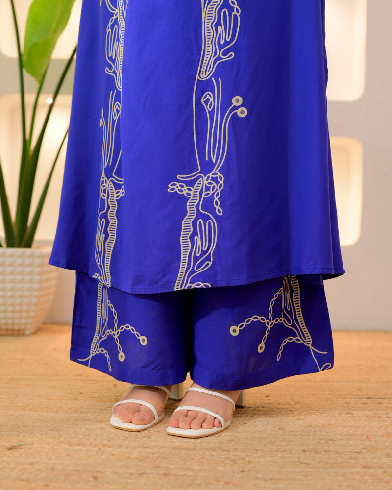 Azure Blue Panel Cotton A Line Kurta Palazzo Set