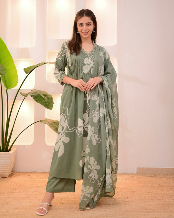 Sage Green Bloom Threadwork Cotton Suit