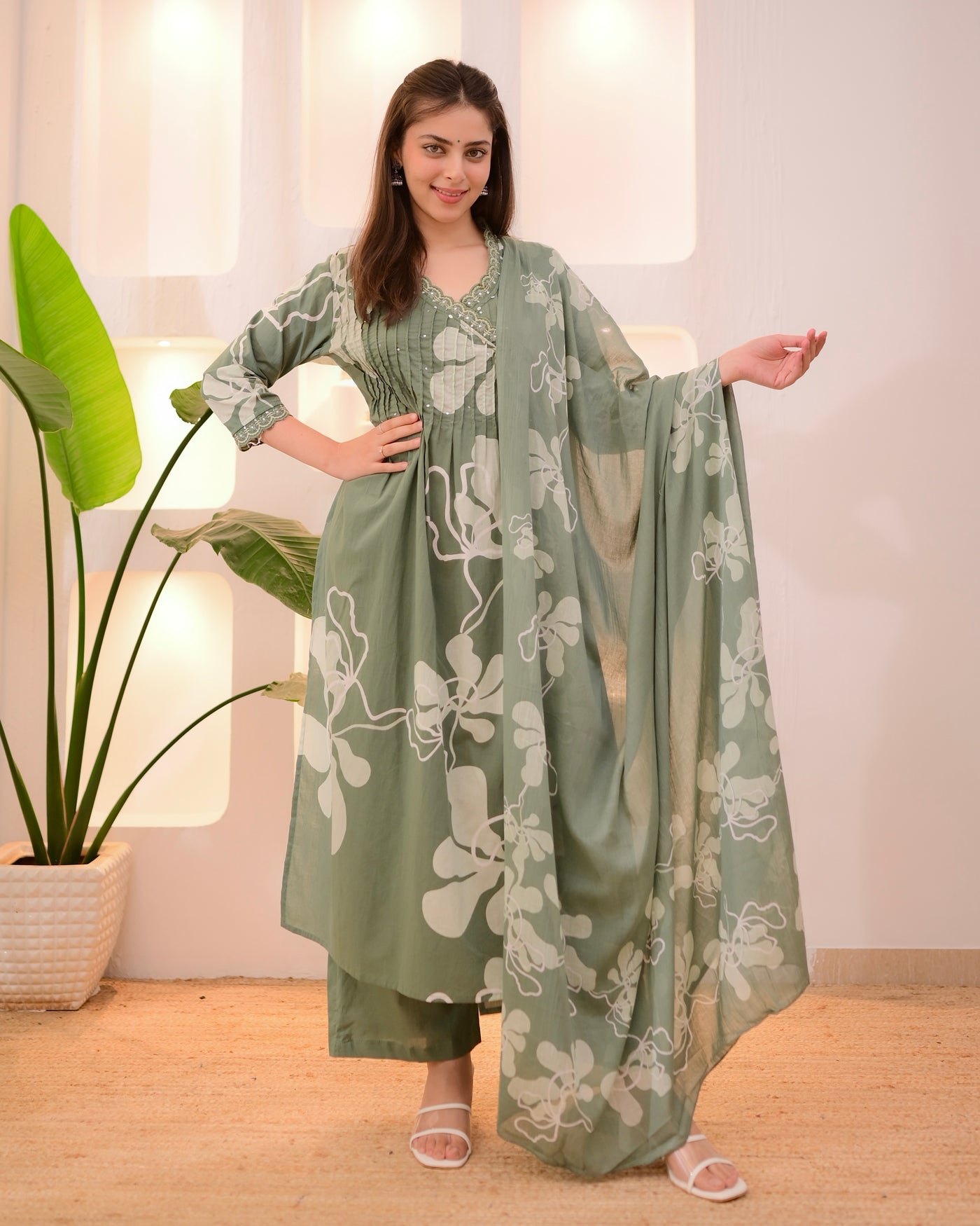 Sage Green Bloom Threadwork Cotton Suit