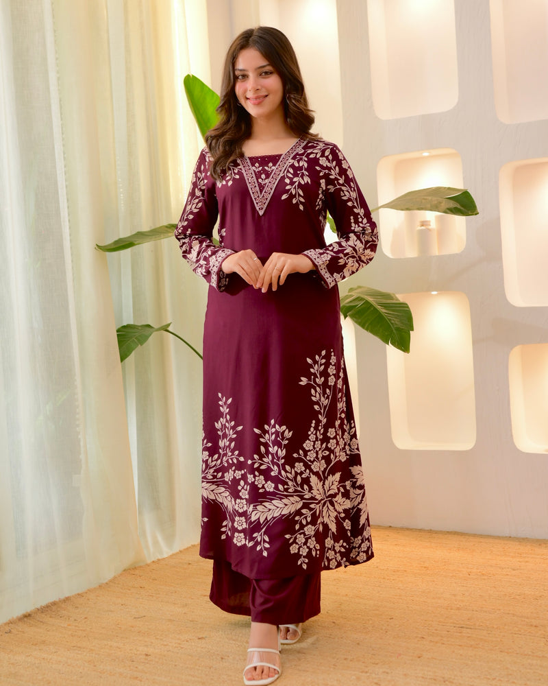 Wine Petals Cotton A Line Kurta Palazzo Set