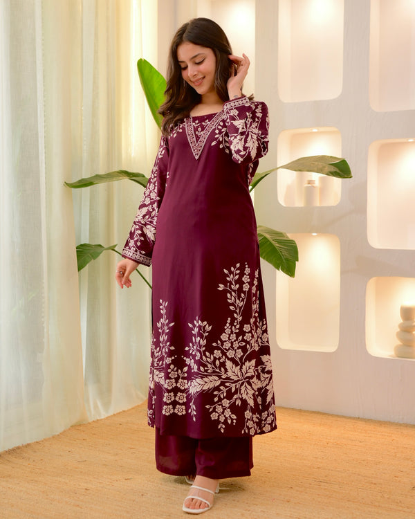 Wine Petals Cotton A Line Kurta Palazzo Set