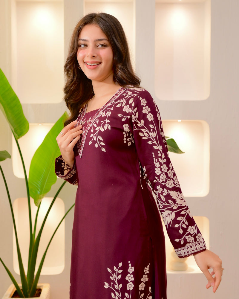 Wine Petals Cotton A Line Kurta Palazzo Set