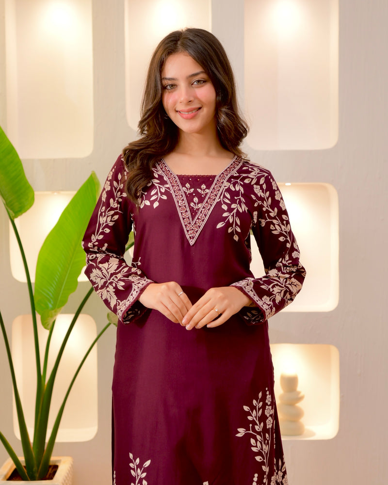 Wine Petals Cotton A Line Kurta Palazzo Set