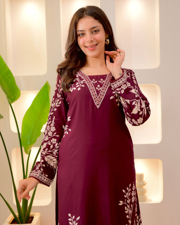 Wine Petals Cotton A Line Kurta Palazzo Set