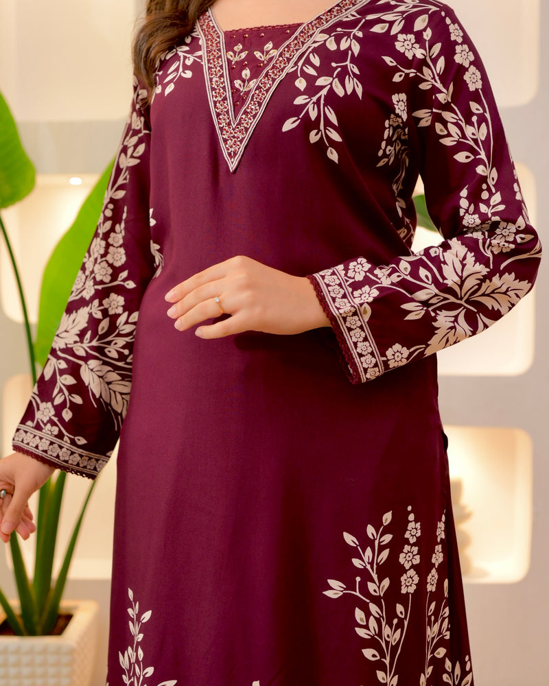 Wine Petals Cotton A Line Kurta Palazzo Set