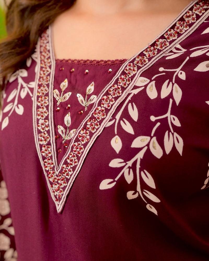 Wine Petals Cotton A Line Kurta Palazzo Set