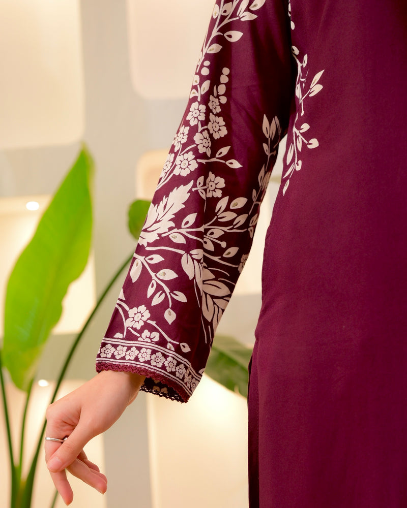 Wine Petals Cotton A Line Kurta Palazzo Set