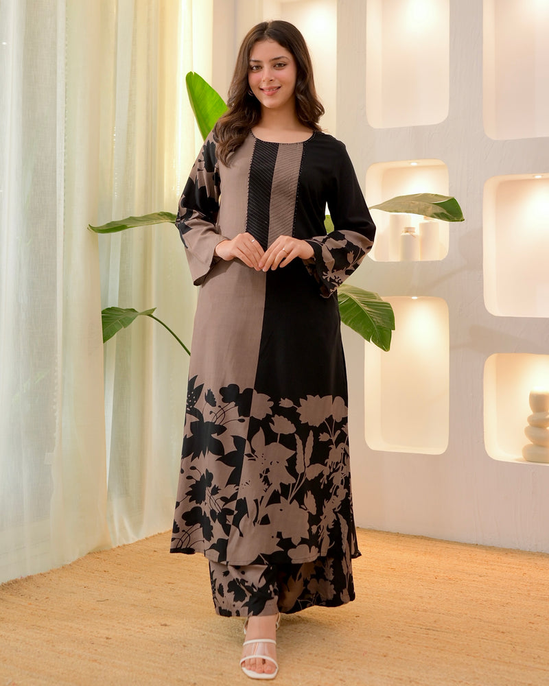 Brown Black Flora Cotton A Line Kurta Palazzo Set