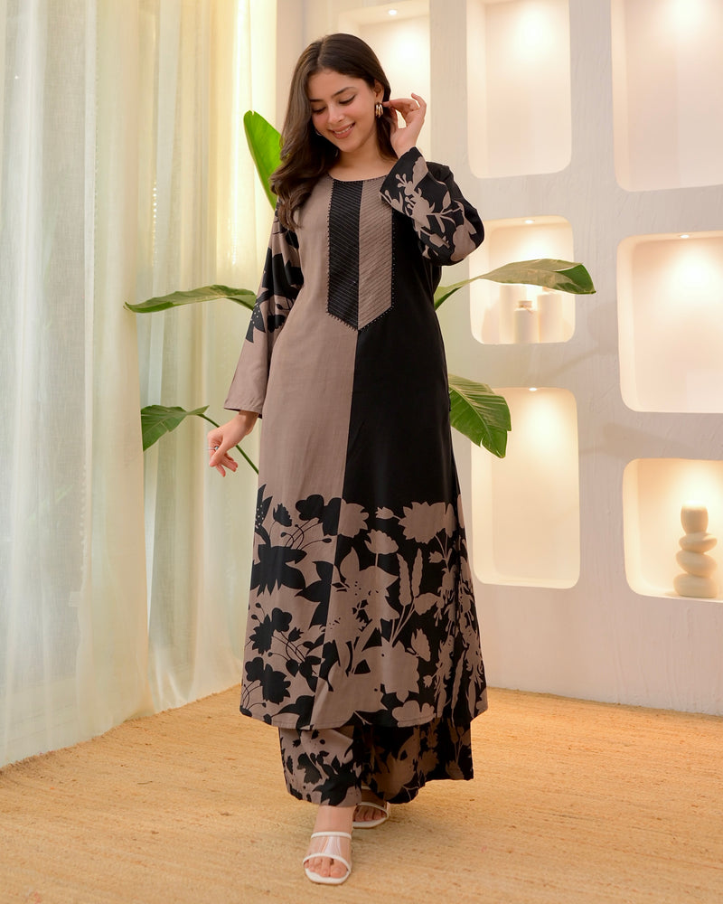 Brown Black Flora Cotton A Line Kurta Palazzo Set