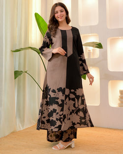 Brown Black Flora Cotton A Line Kurta Palazzo Set