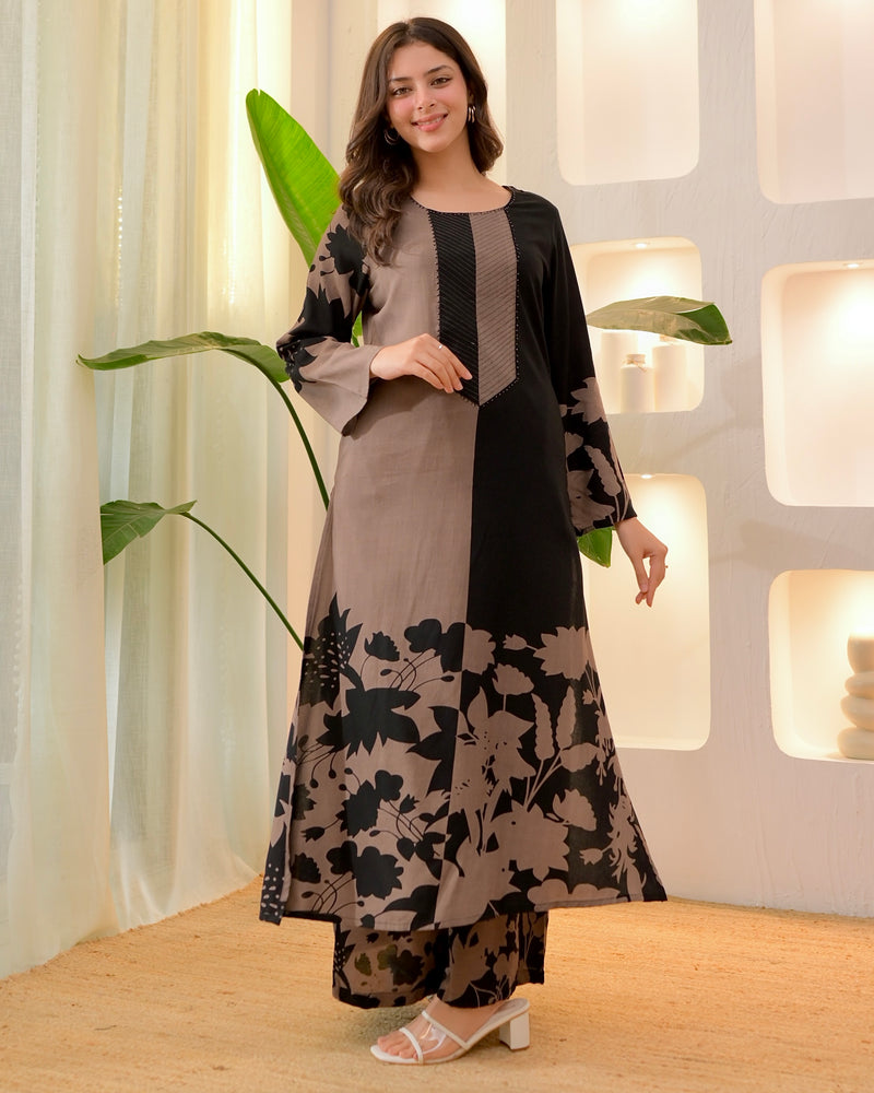 Brown Black Flora Cotton A Line Kurta Palazzo Set
