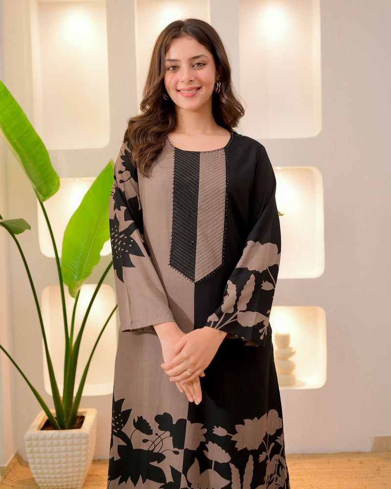 Brown Black Flora Cotton A Line Kurta Palazzo Set