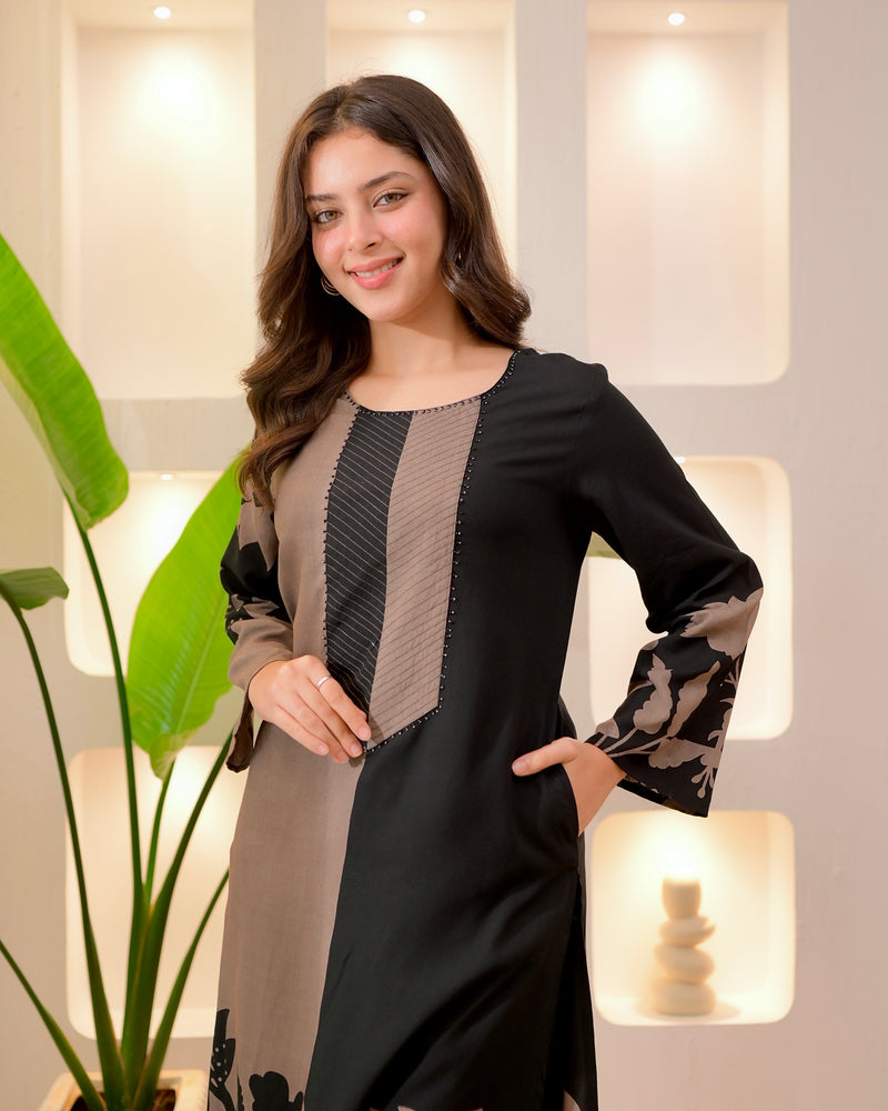 Brown Black Flora Cotton A Line Kurta Palazzo Set