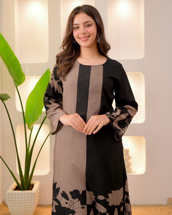 Brown Black Flora Cotton A Line Kurta Palazzo Set