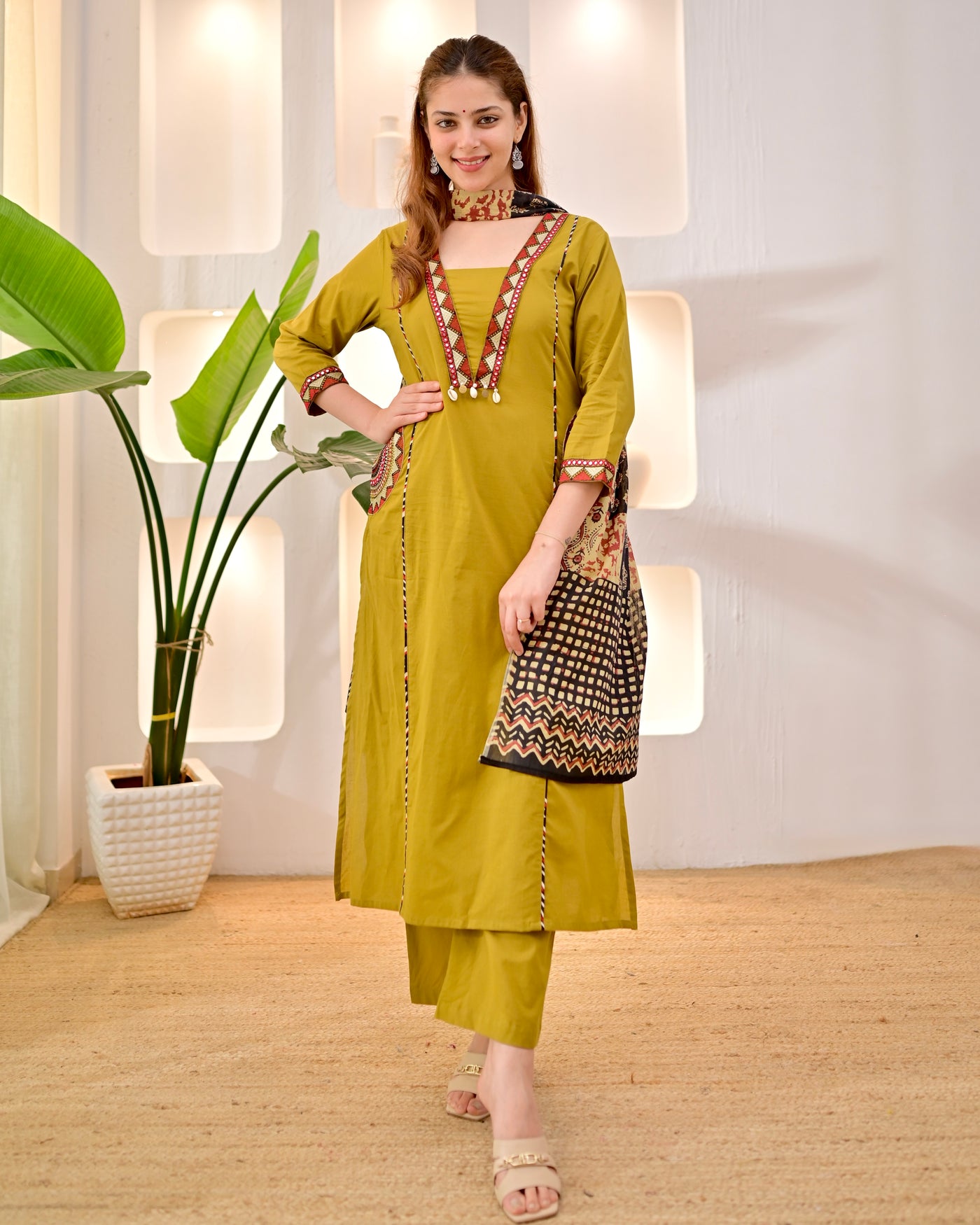 Ochre Yellow Threadwork A Line Cotton Suit