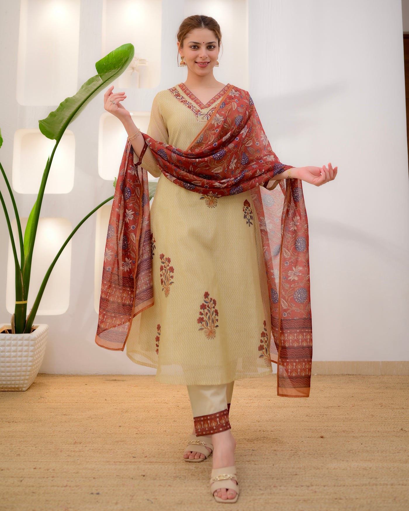 Ivory Rust Sunehri Baag Chanderi A Line Suit