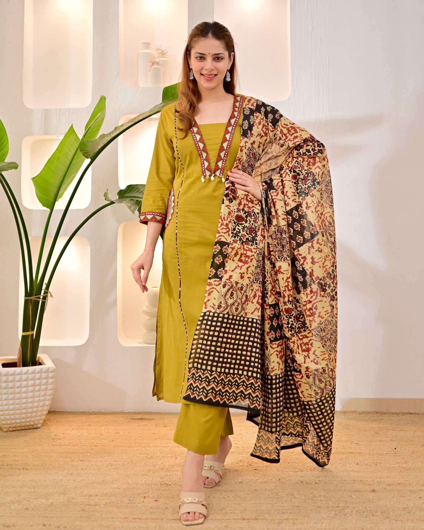 Ochre Yellow Threadwork A Line Cotton Suit
