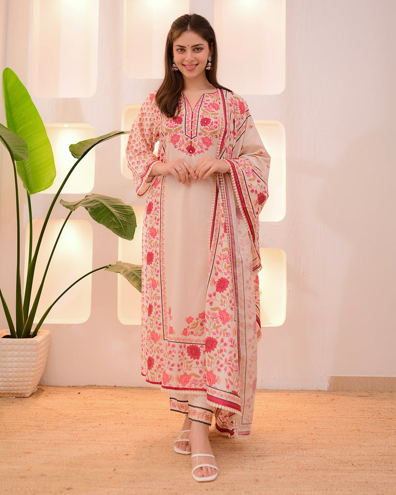 Ivory Digital Printed Festive Cotton Suit