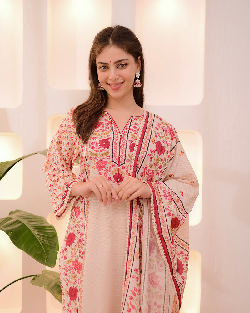 Ivory Digital Printed Festive Cotton Suit