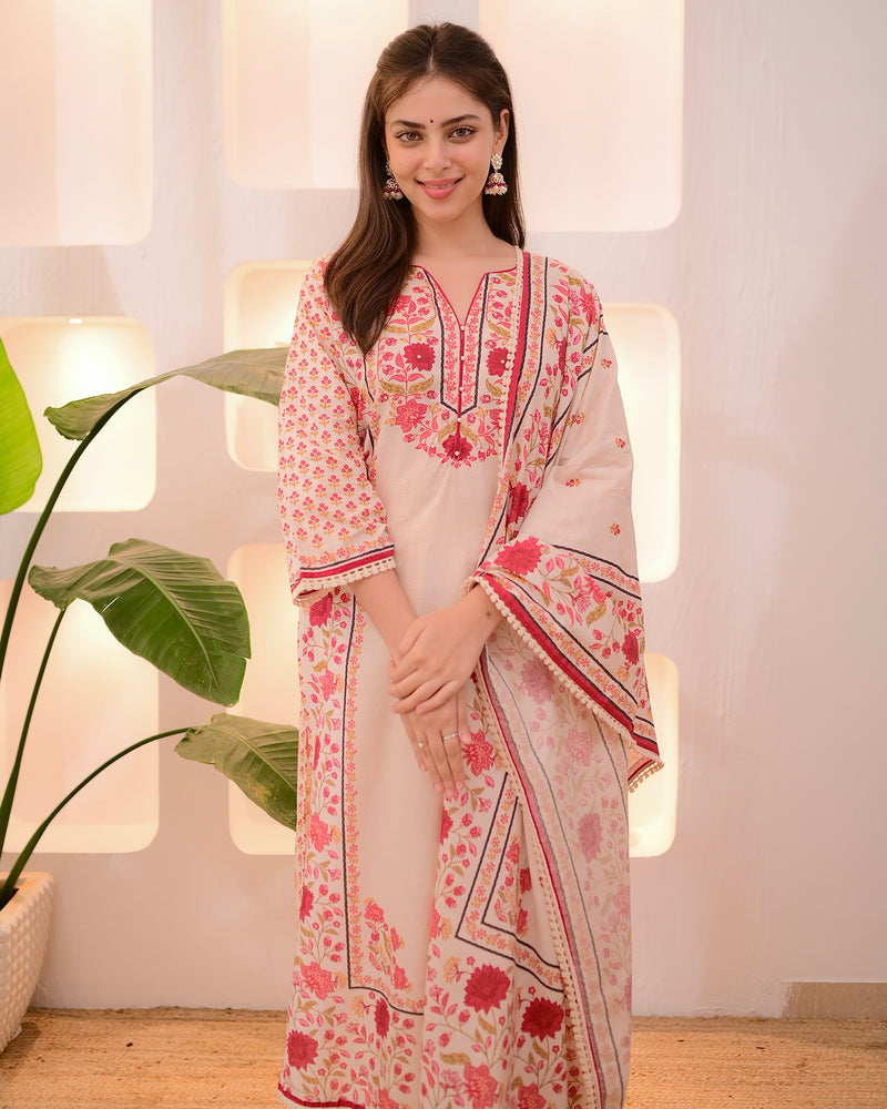 Ivory Digital Printed Festive Cotton Suit