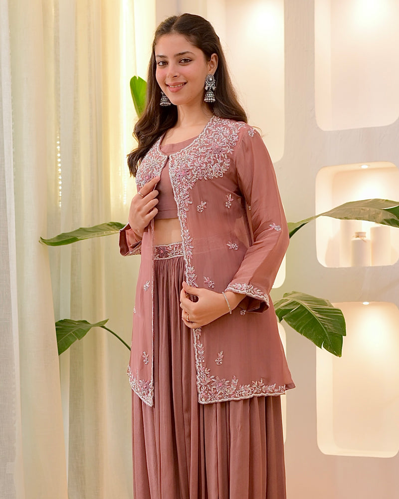 Onion Pink Handwork Chinnon Festive Sharara Set