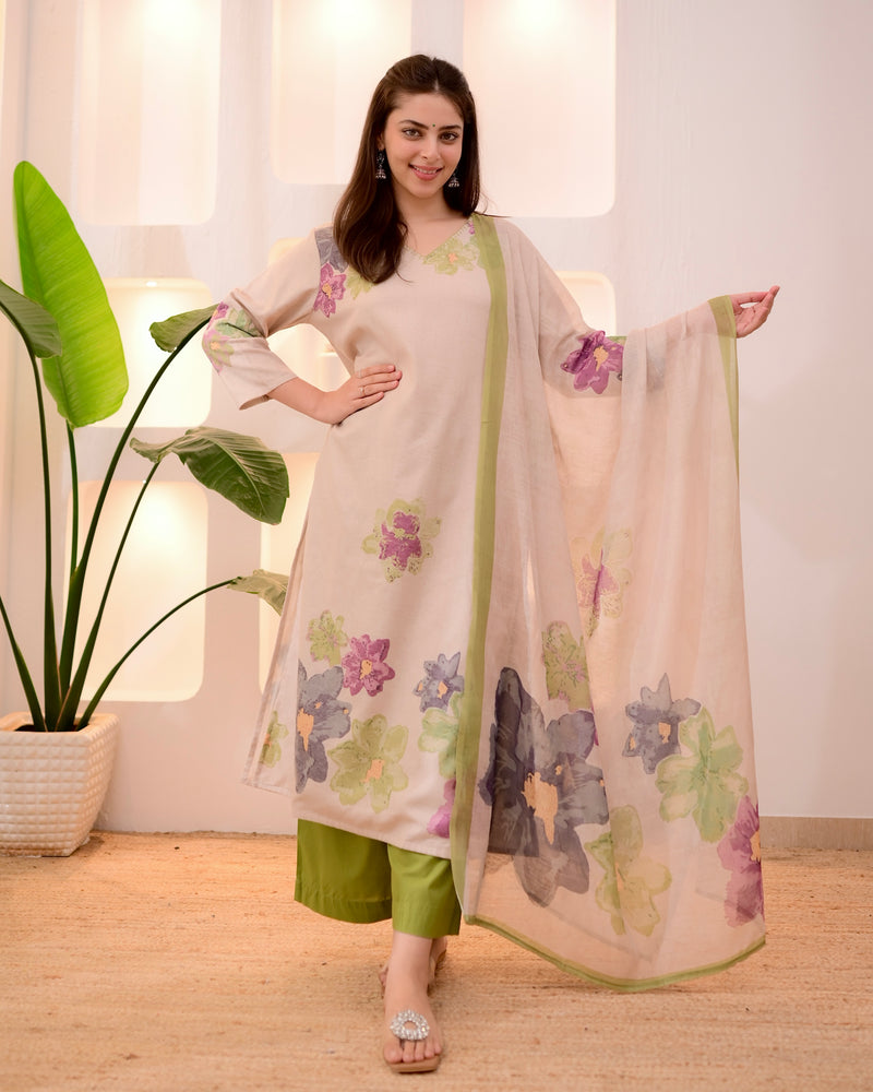 Ivory Green Pastel Garden Linen Suit