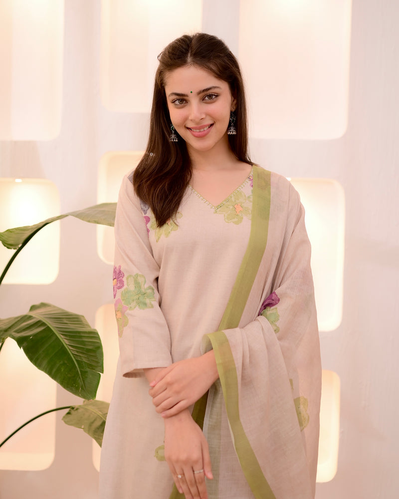 Ivory Green Pastel Garden Linen Suit