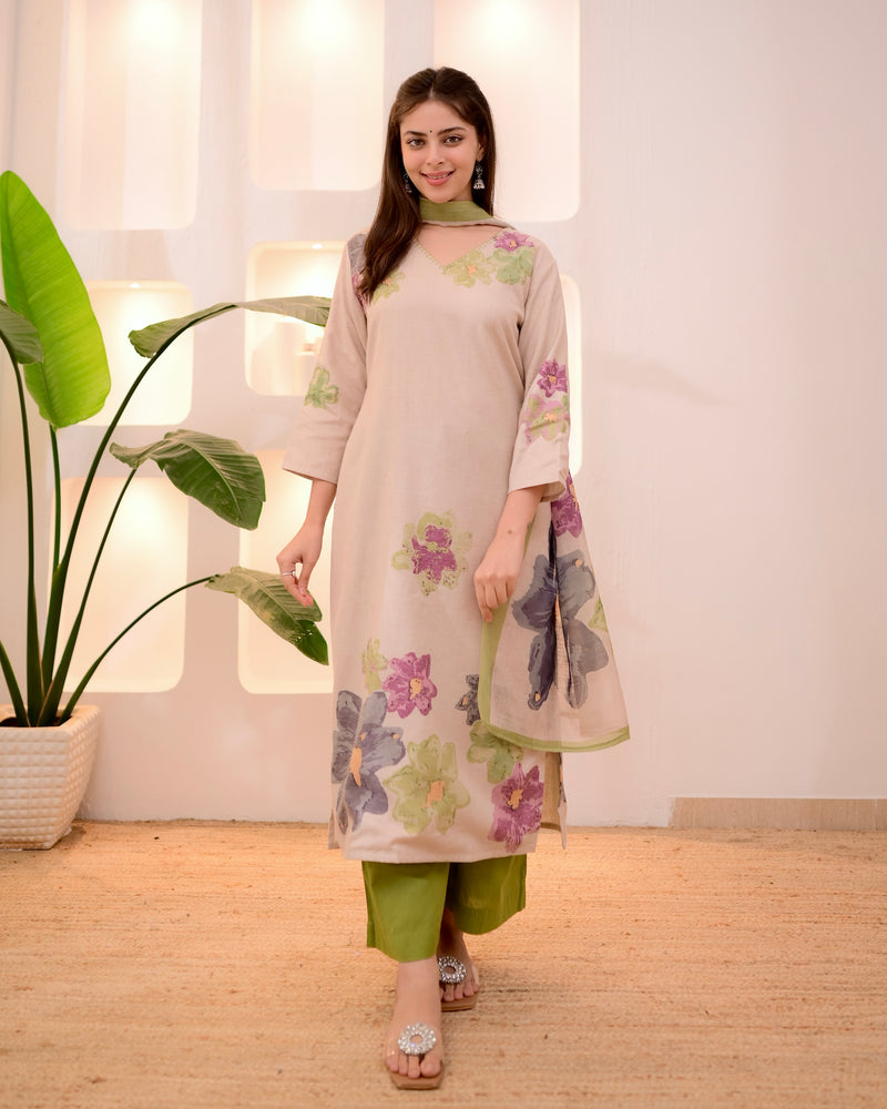 Ivory Green Pastel Garden Linen Suit