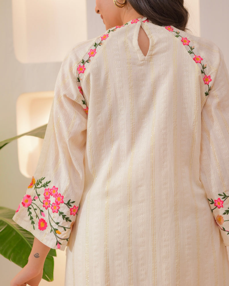 Ivory Threadwork A Line Cotton Pakistani Suit
