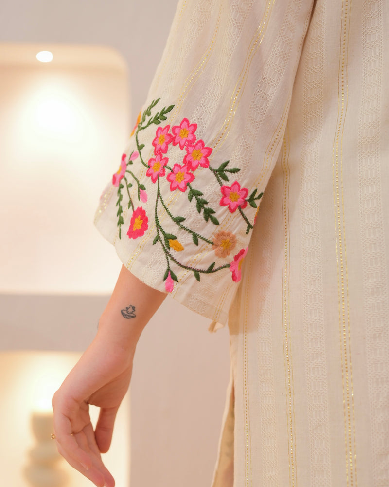 Ivory Threadwork A Line Cotton Pakistani Suit