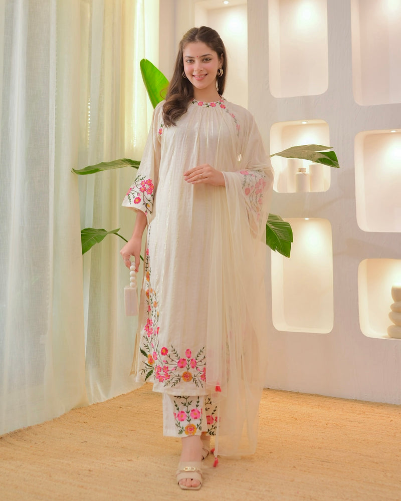 Ivory Threadwork A Line Cotton Pakistani Suit