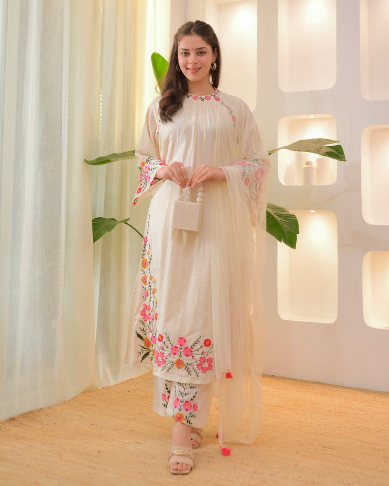 Ivory Threadwork A Line Cotton Pakistani Suit