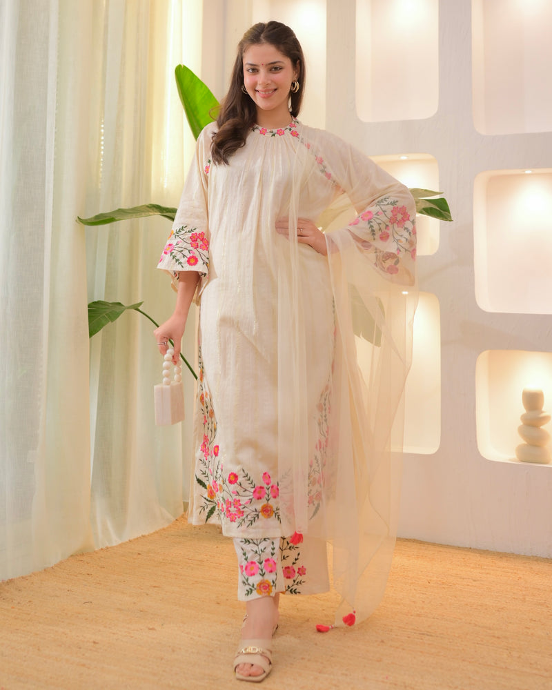 Ivory Threadwork A Line Cotton Pakistani Suit