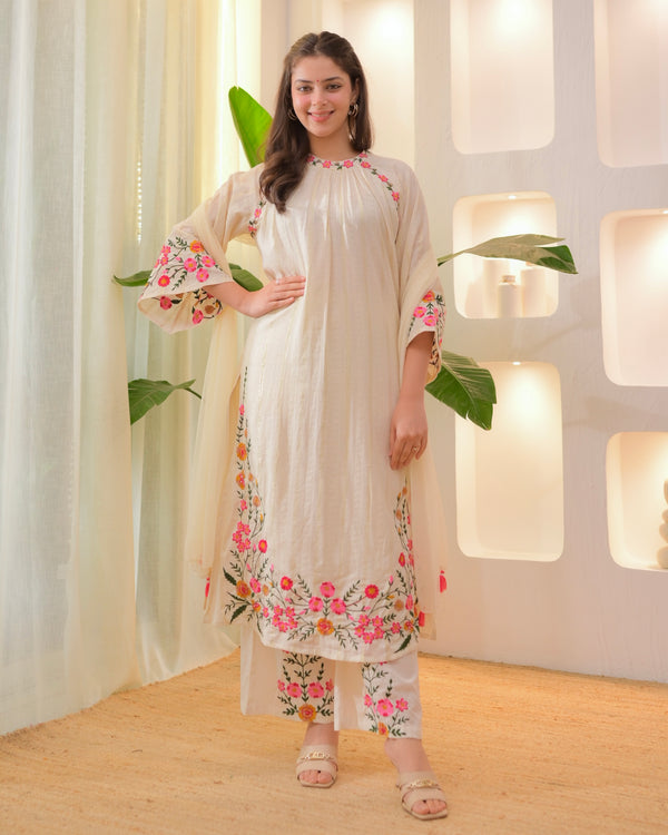 Ivory Threadwork A Line Cotton Pakistani Suit