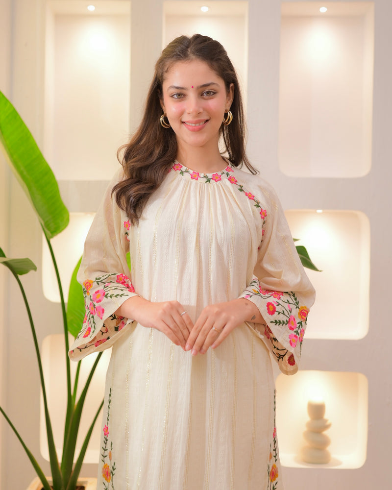 Ivory Threadwork A Line Cotton Pakistani Suit