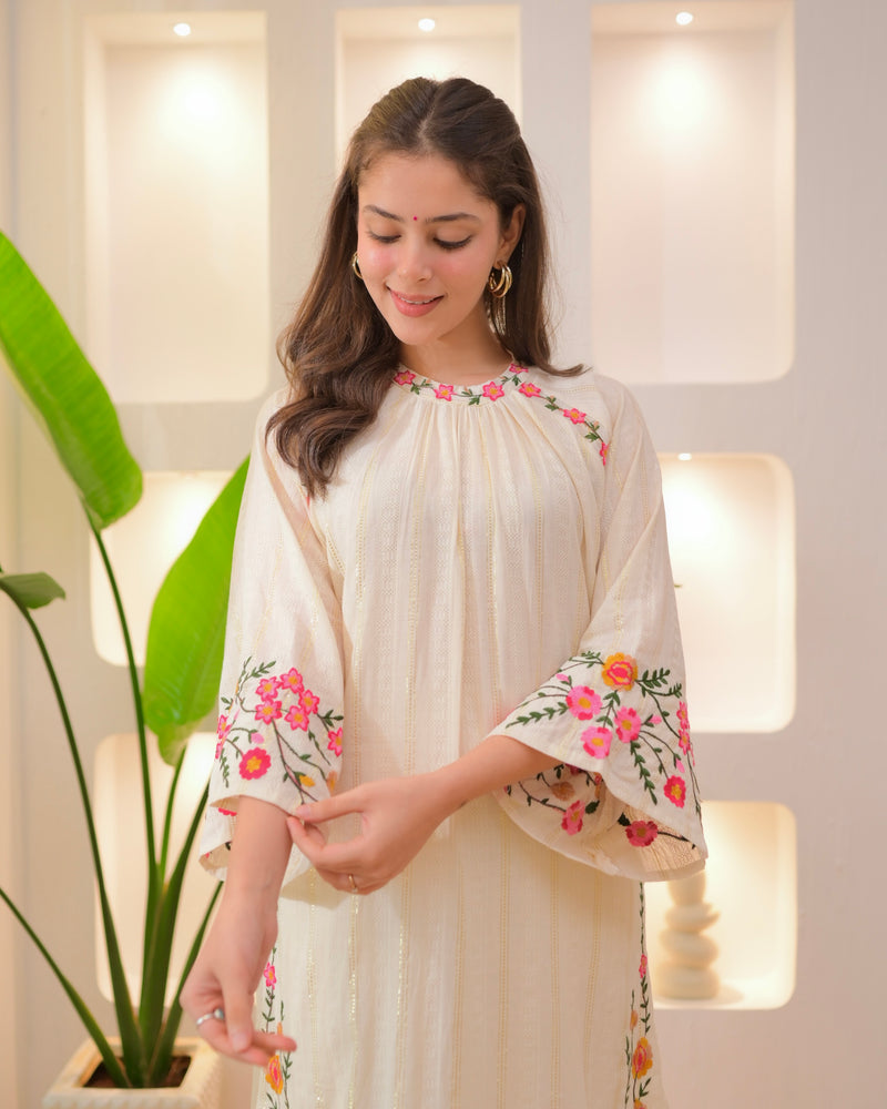 Ivory Threadwork A Line Cotton Pakistani Suit