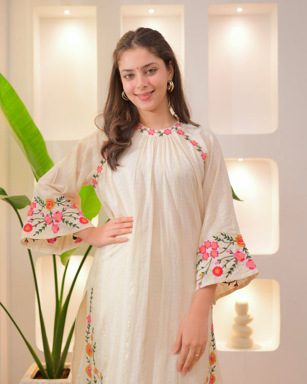 Ivory Threadwork A Line Cotton Pakistani Suit