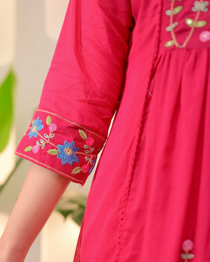 Fuchsia Garden Threadwork A Line Mul Cotton Suit