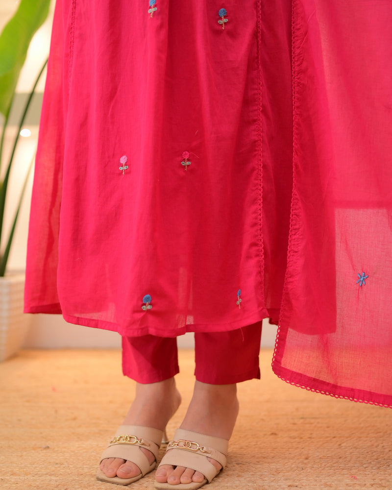 Fuchsia Garden Threadwork A Line Mul Cotton Suit