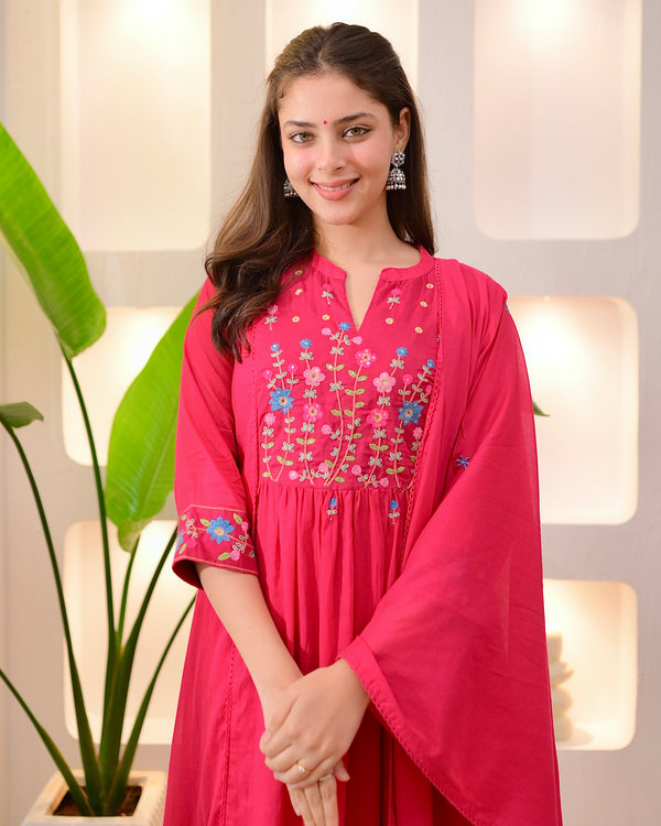 Fuchsia Garden Threadwork A Line Mul Cotton Suit
